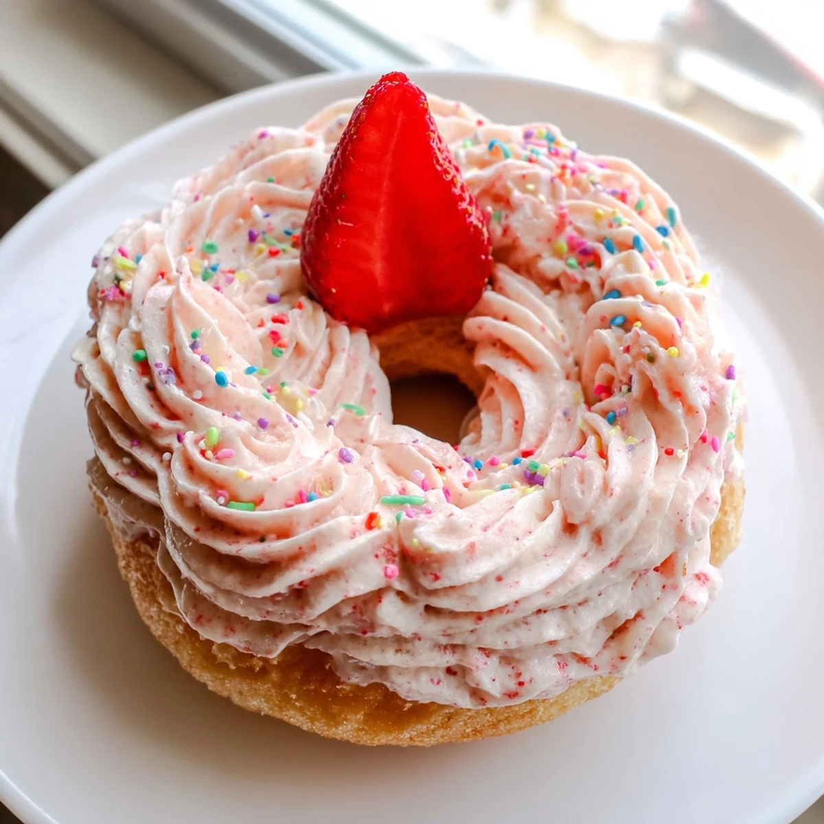 Fluffy baked strawberry buttercream frosted donuts piped high with glossy pink icing