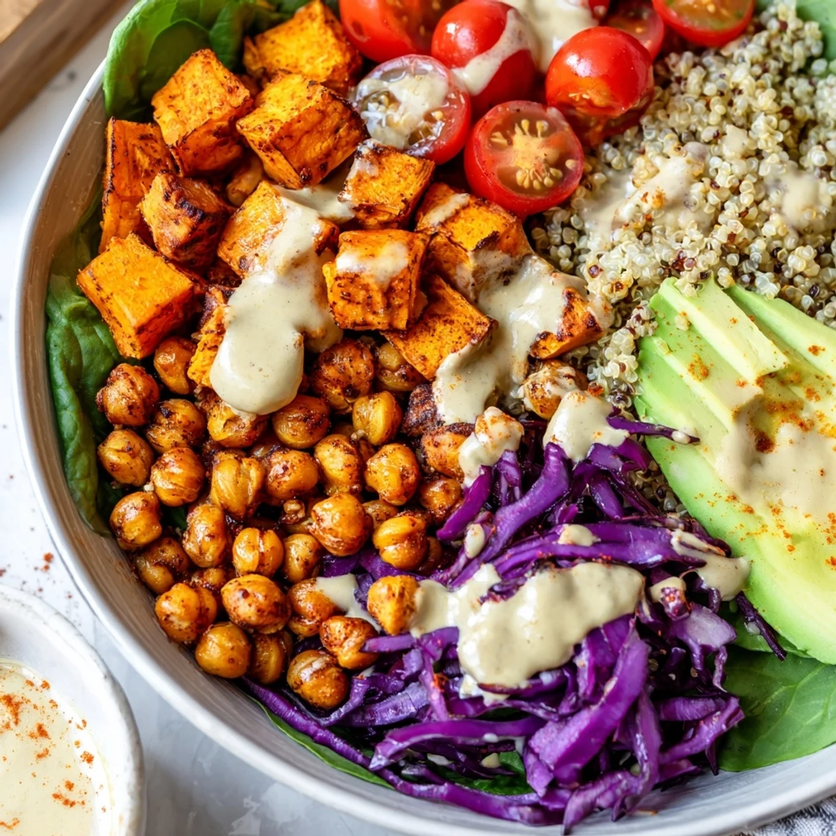 A vibrant sweet potato bowl drizzled with creamy tahini, fresh greens, and roasted chickpeas