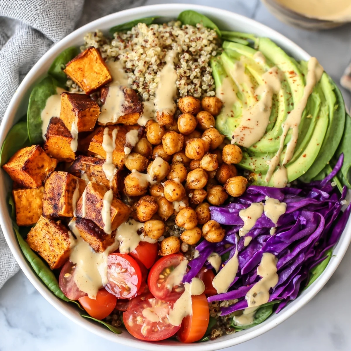 Golden roasted sweet potato bowl topped with avocado, red cabbage, and tangy dressing