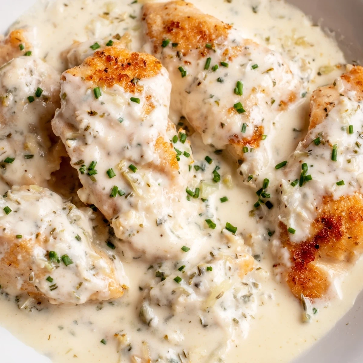 Creamy golden Cream Cheese Chicken smothered in a rich herbed Parmesan sauce