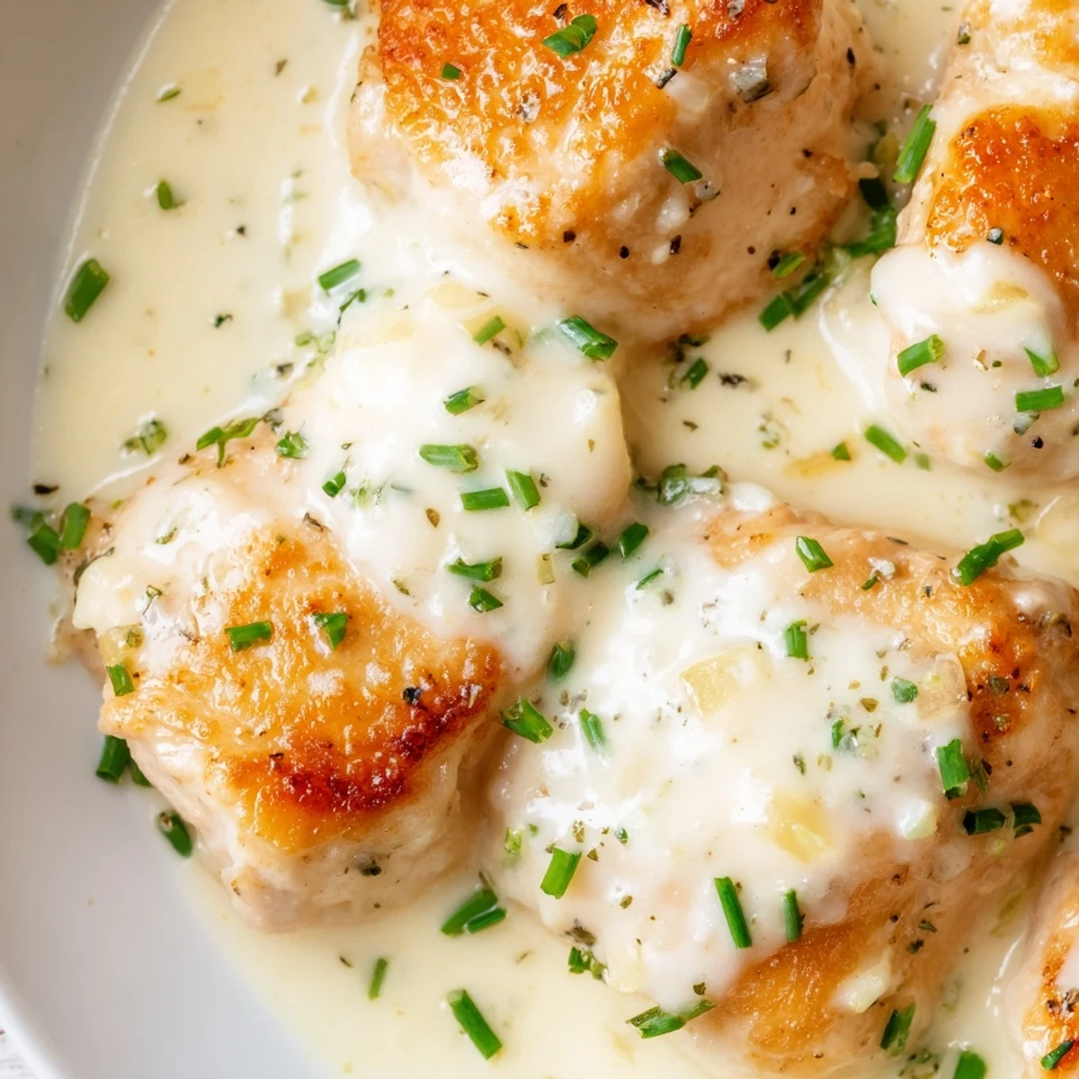 Cream Cheese Chicken topped with fresh chives in a bubbling skillet dinner