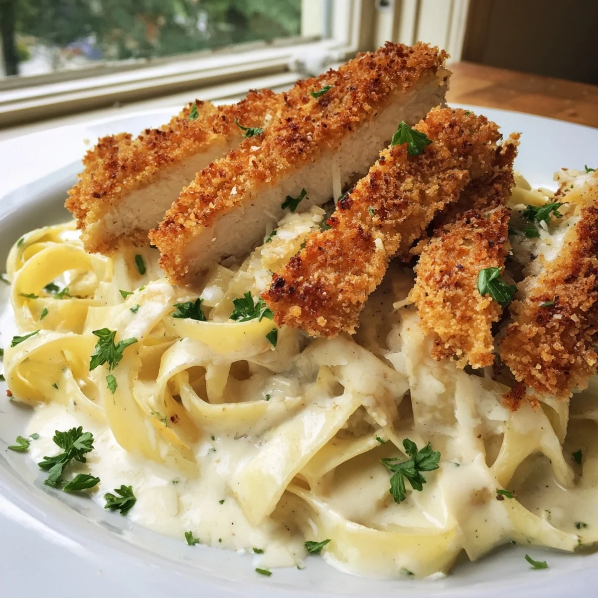 Creamy chicken alfredo with golden crispy cutlets served over tender fettuccine pasta