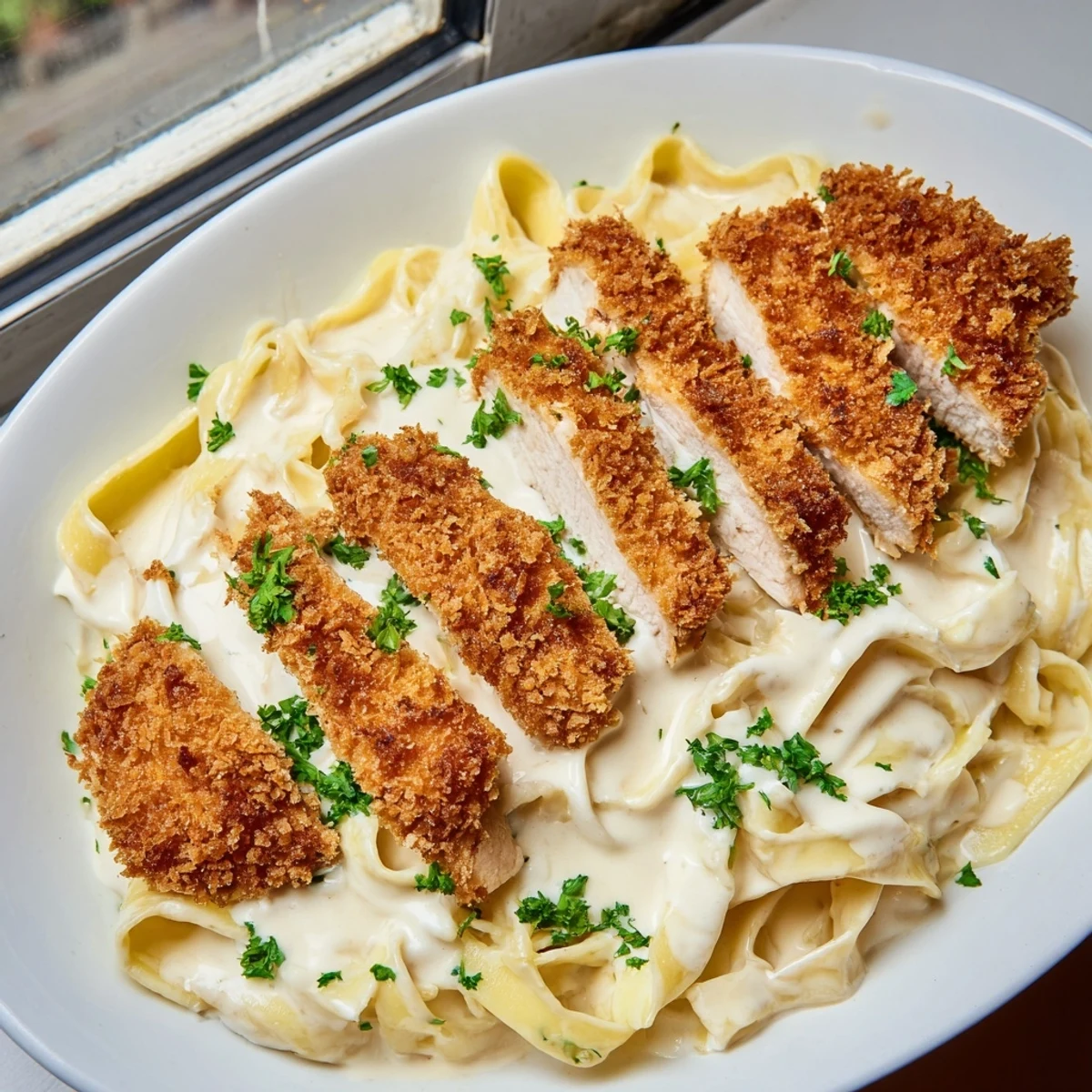 Crispy chicken alfredo topped with fresh parsley in a rich Parmesan cream sauce