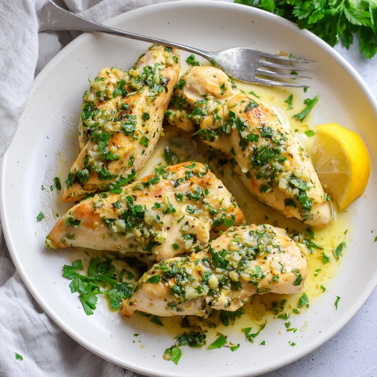 Golden garlic butter baked chicken breast resting in a rich, herb-flecked pan sauce