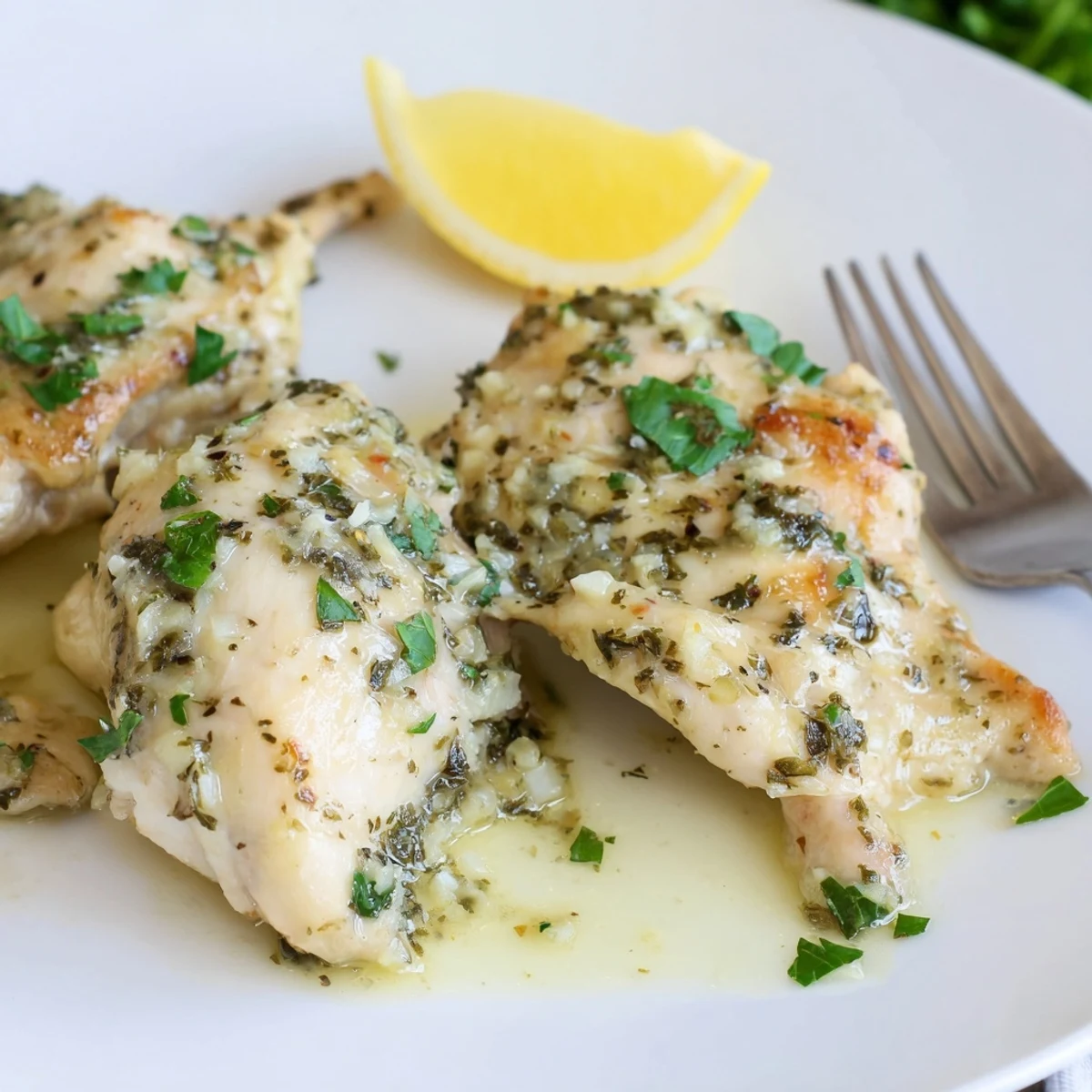 Steaming garlic butter baked chicken breast garnished with fresh parsley and bright lemon wedges