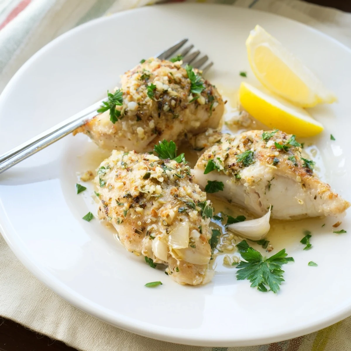 Juicy garlic butter baked chicken breast sliced open to reveal tender, perfectly cooked meat