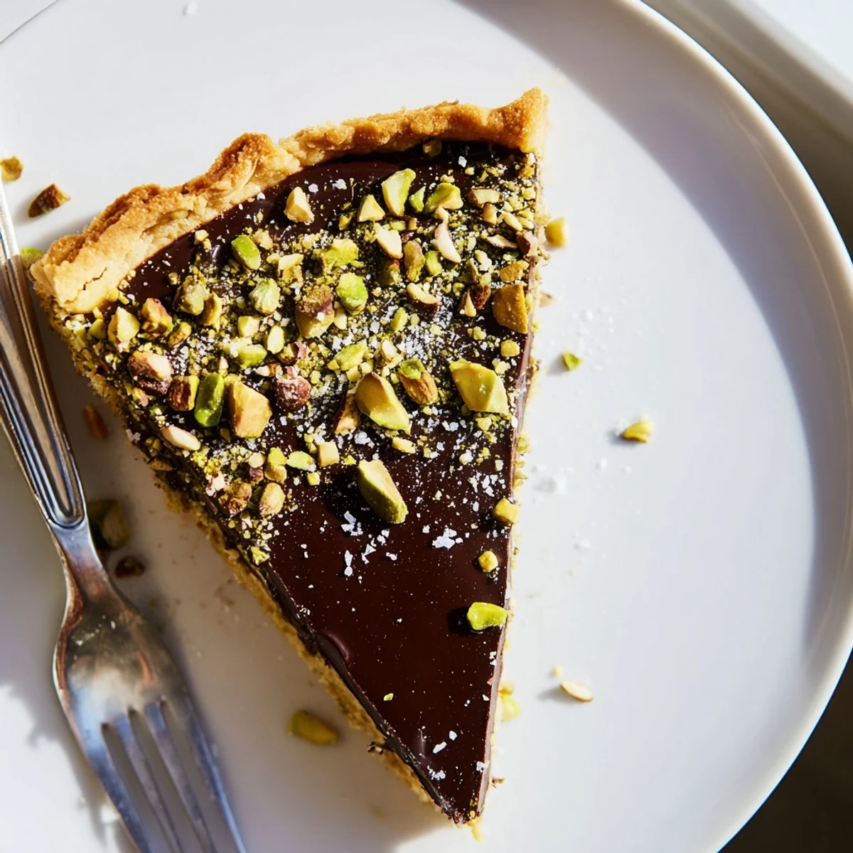 Dark Chocolate Pistachio Tart with glossy ganache topped with crushed green pistachios