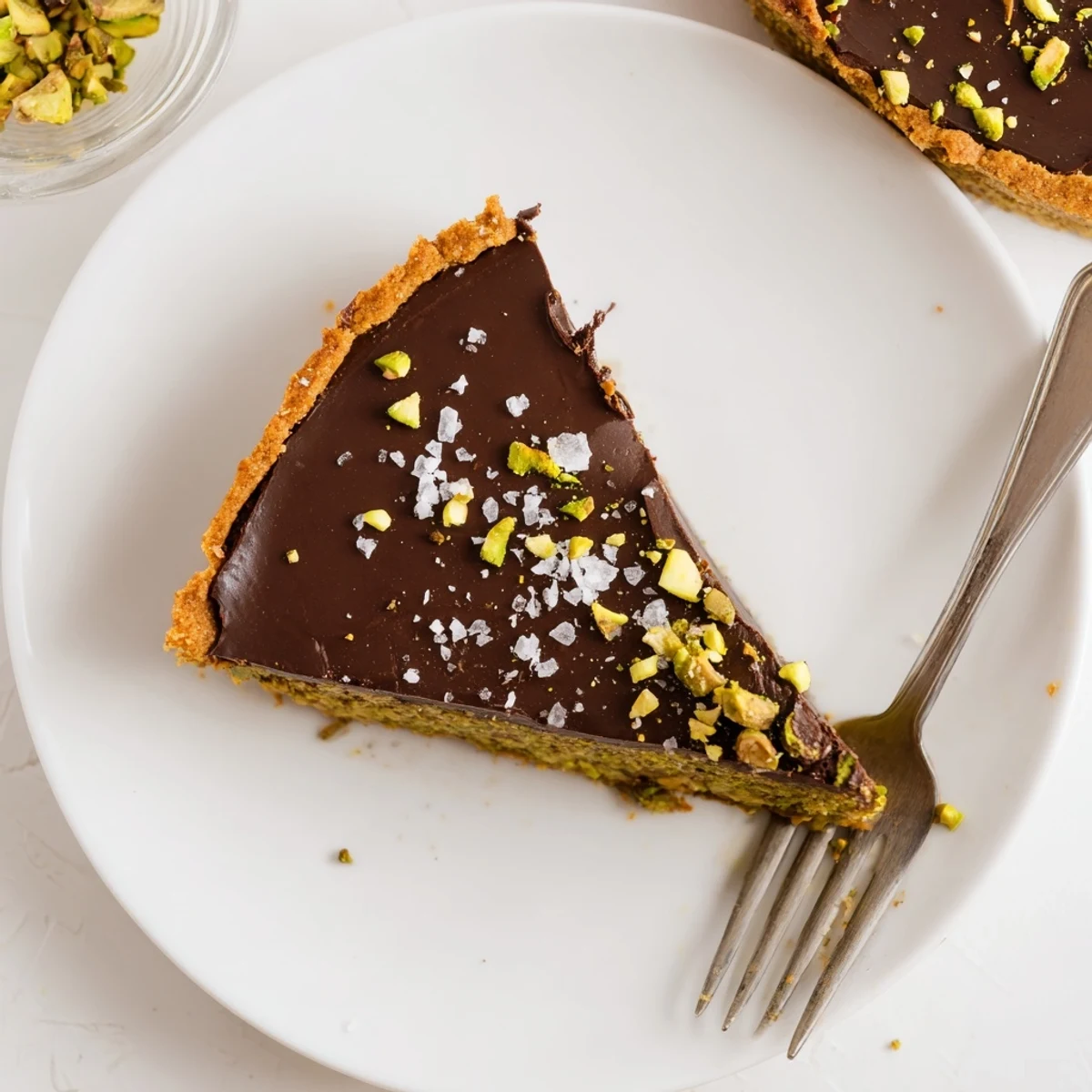Silky dark chocolate ganache fills a buttery pistachio crust in this elegant dessert