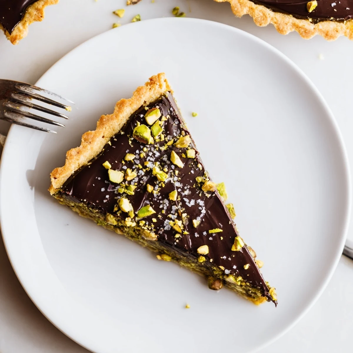Dark Chocolate Pistachio Tart sliced into wedges and garnished with flaky sea salt