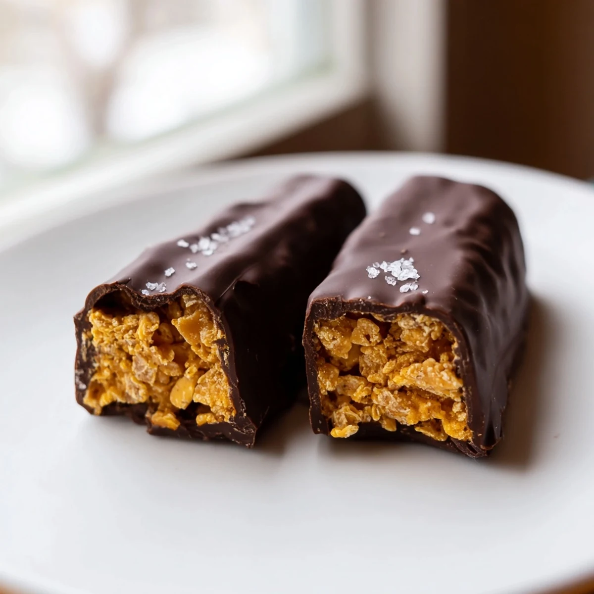 Crunchy healthy homemade Butterfingers coated in glossy dark chocolate on parchment paper