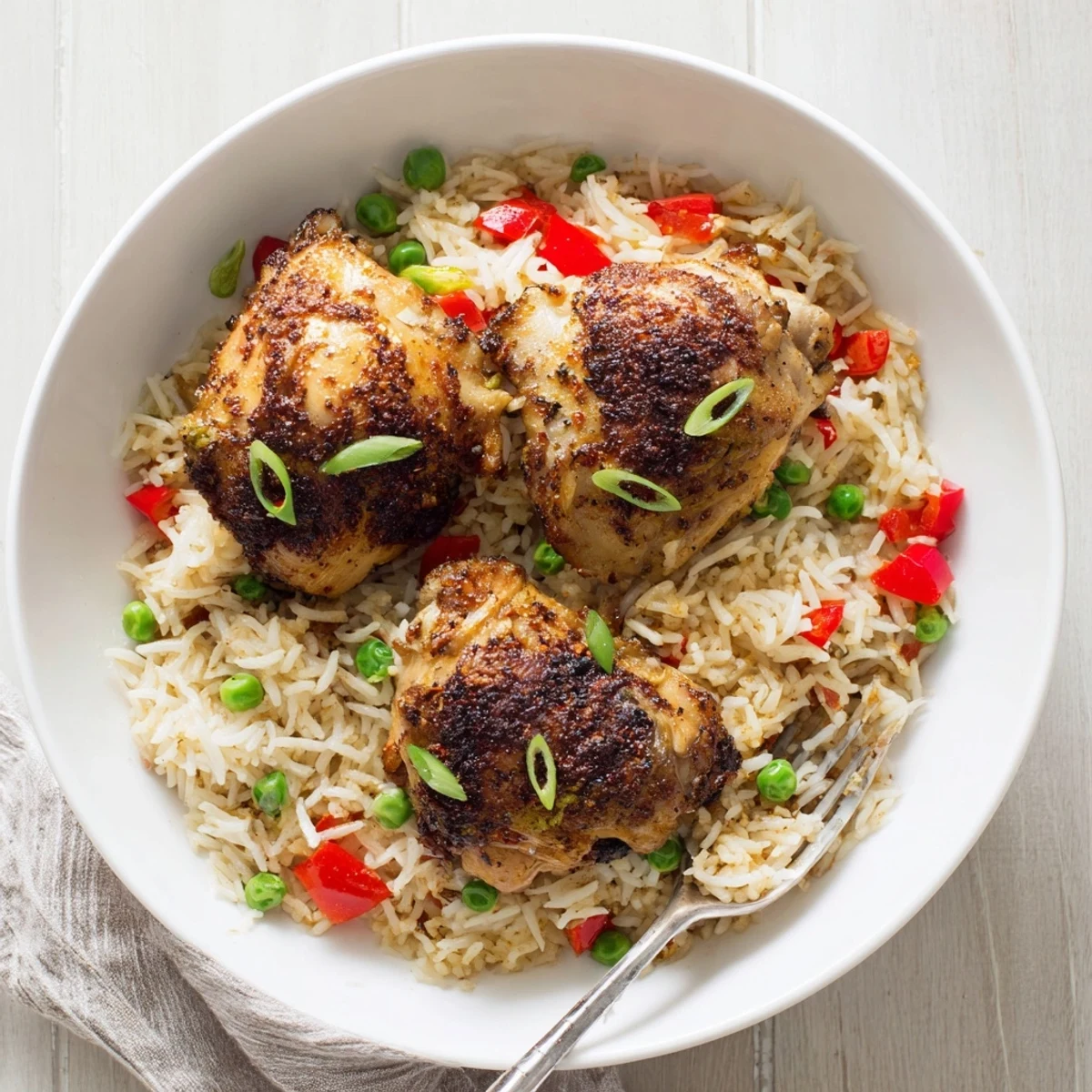 Spicy jerk chicken rice topped with fresh cilantro and spring onion garnish
