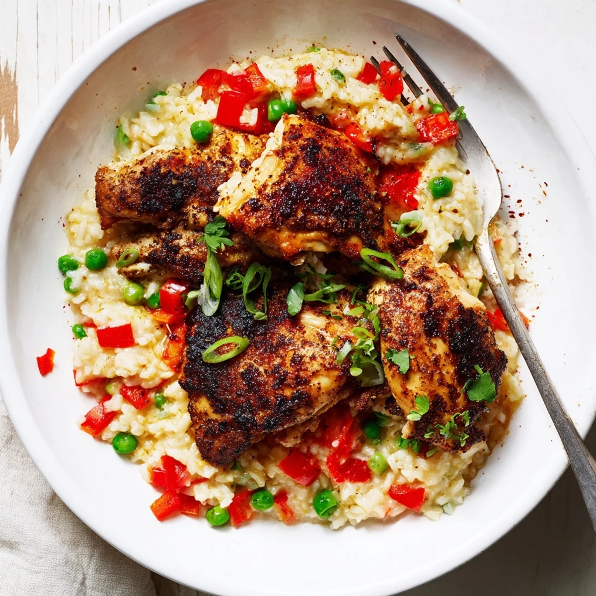 Golden brown jerk chicken thighs nestled in fragrant coconut rice with diced peppers