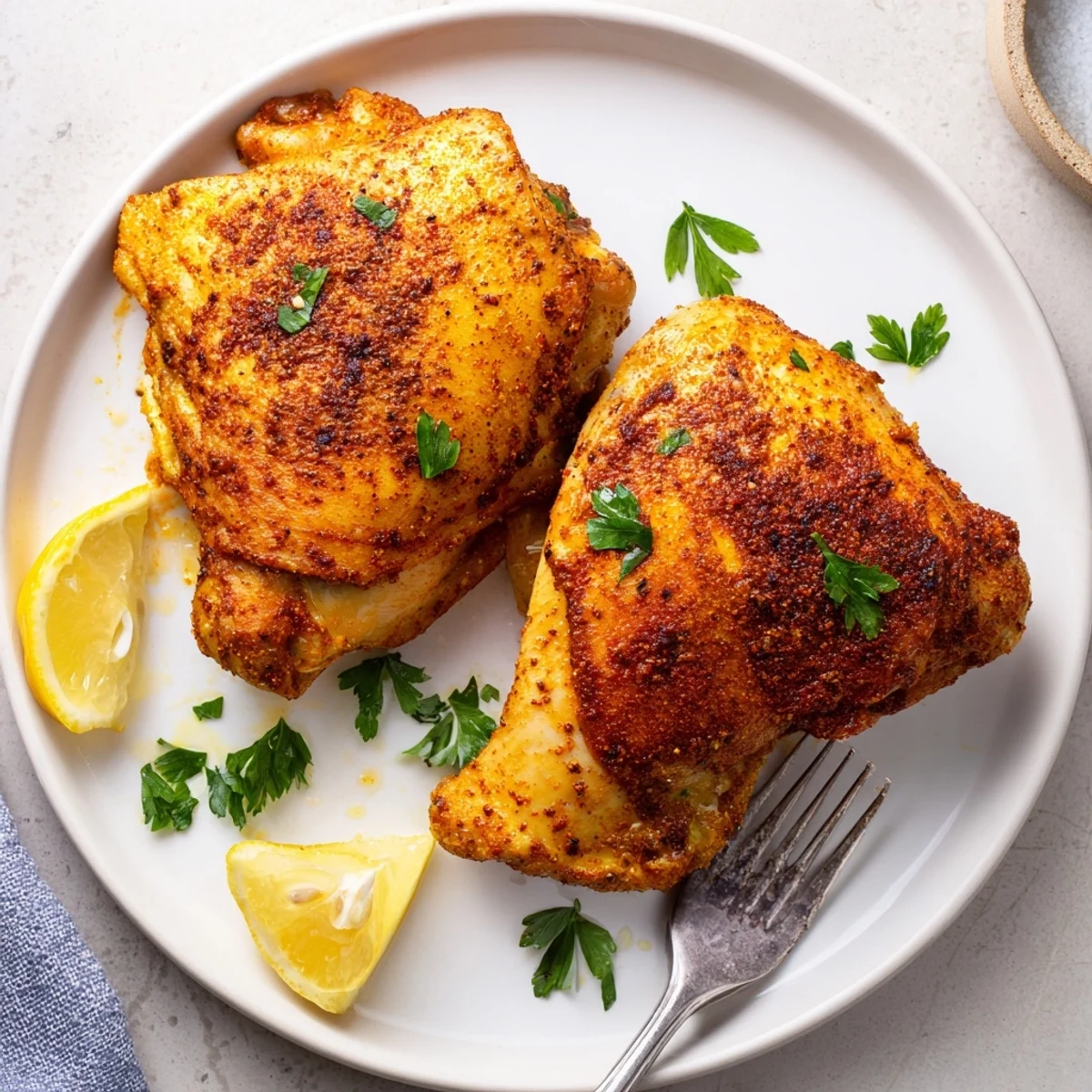 Golden crispy oven baked chicken thighs garnished with fresh parsley on a lined baking sheet