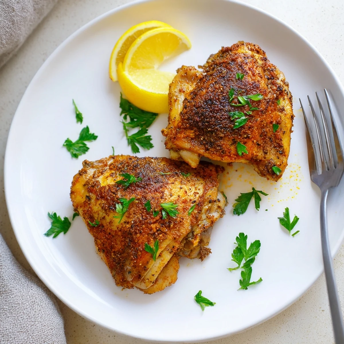 Perfectly roasted oven baked chicken thighs with crisp skin arranged on a foil-lined pan