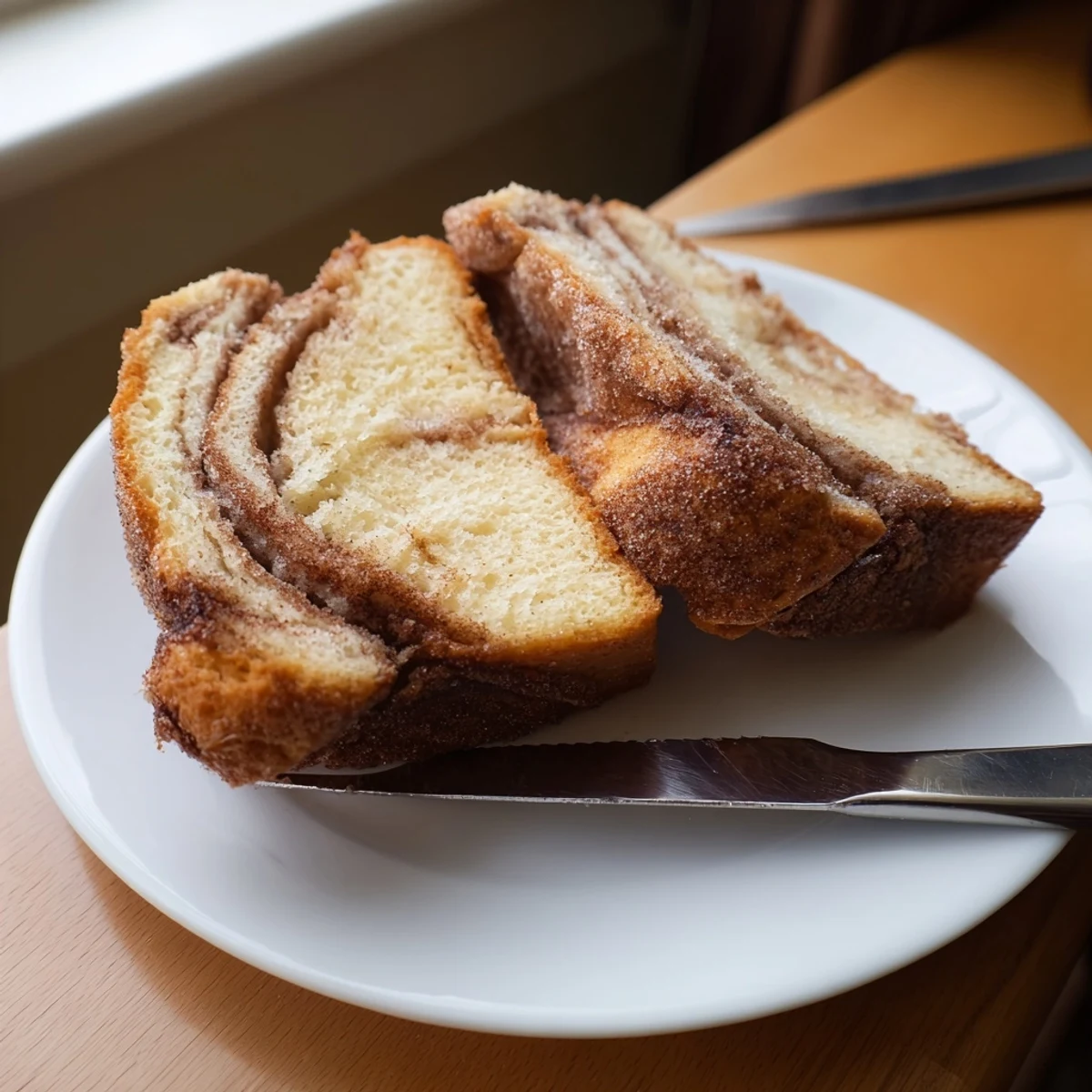 Moist cinnamon donut loaf showing a rich swirl of spiced brown sugar