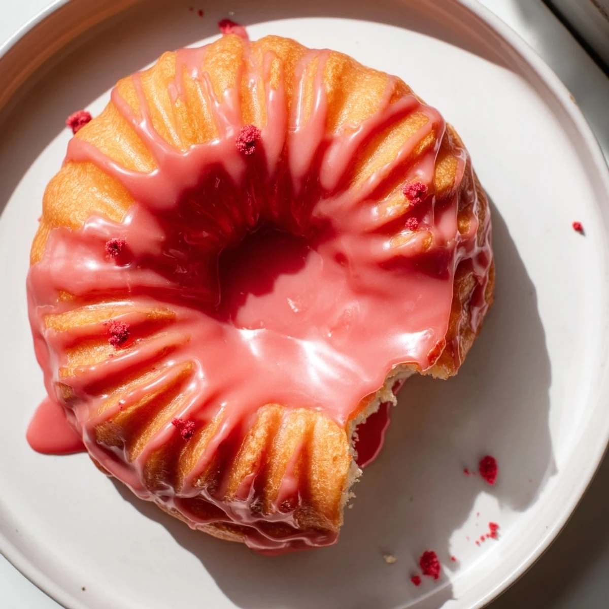 Fluffy strawberry glazed French crullers dripping with sweet berry glaze fresh from frying