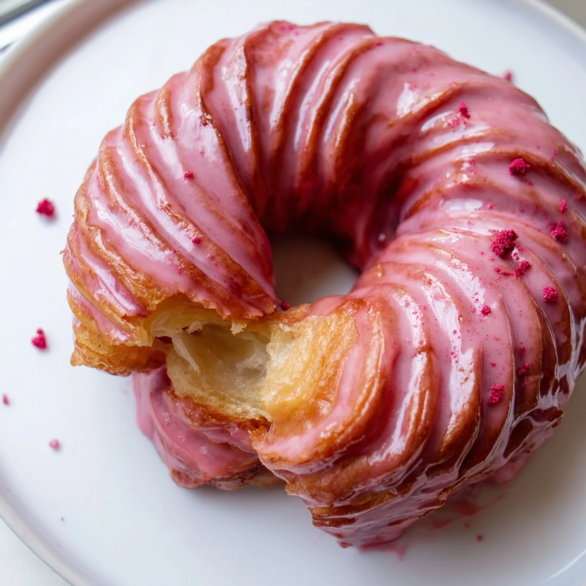 Golden strawberry glazed French crullers with glossy pink icing on a wire rack