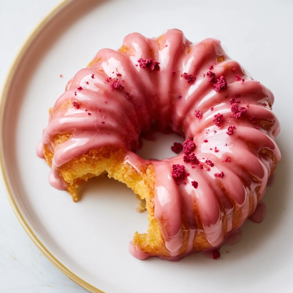 Crispy strawberry glazed French crullers piled on a plate beside fresh whole strawberries