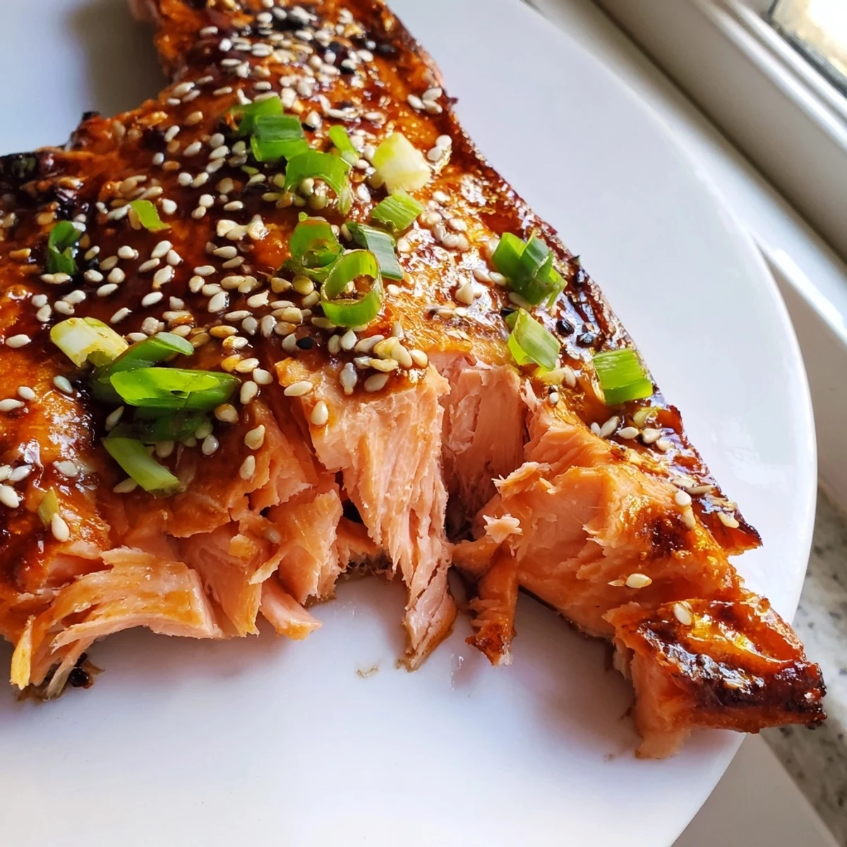 Glossy baked Asian salmon with a caramelized glaze, garnished with sesame seeds and green onions
