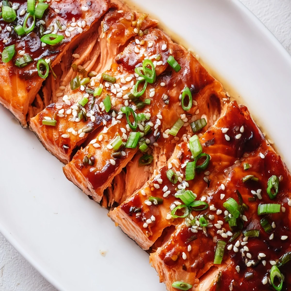 Flaky baked Asian salmon fillet drizzled in sticky soy-ginger sauce on a parchment-lined sheet pan