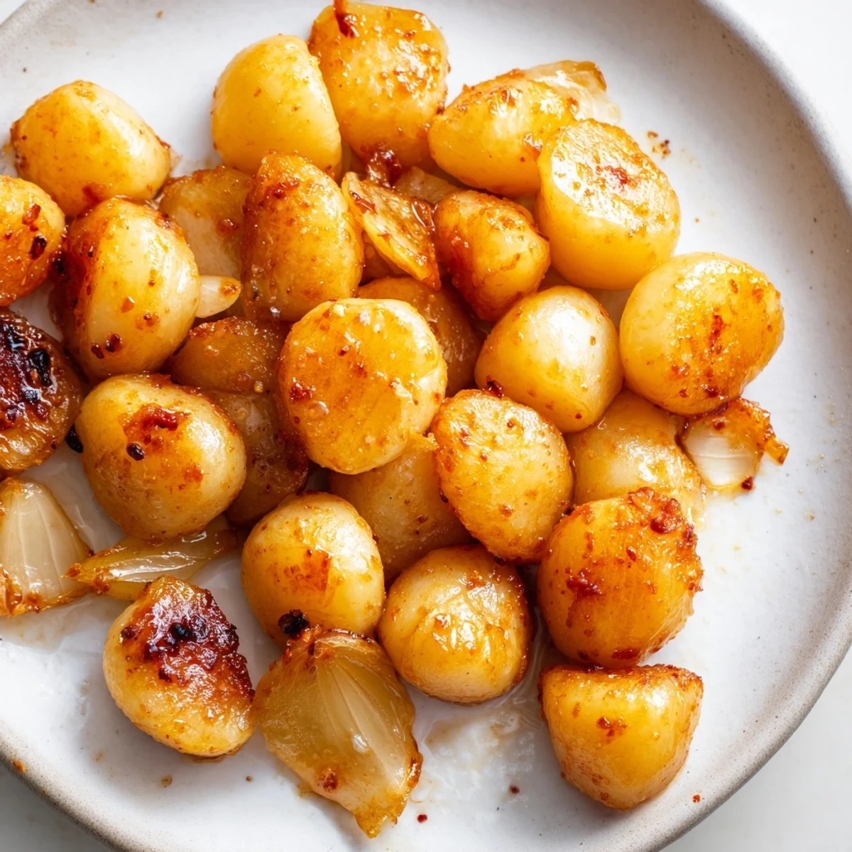 Crispy golden air fried pearl onions served hot in a rustic bowl with herbs