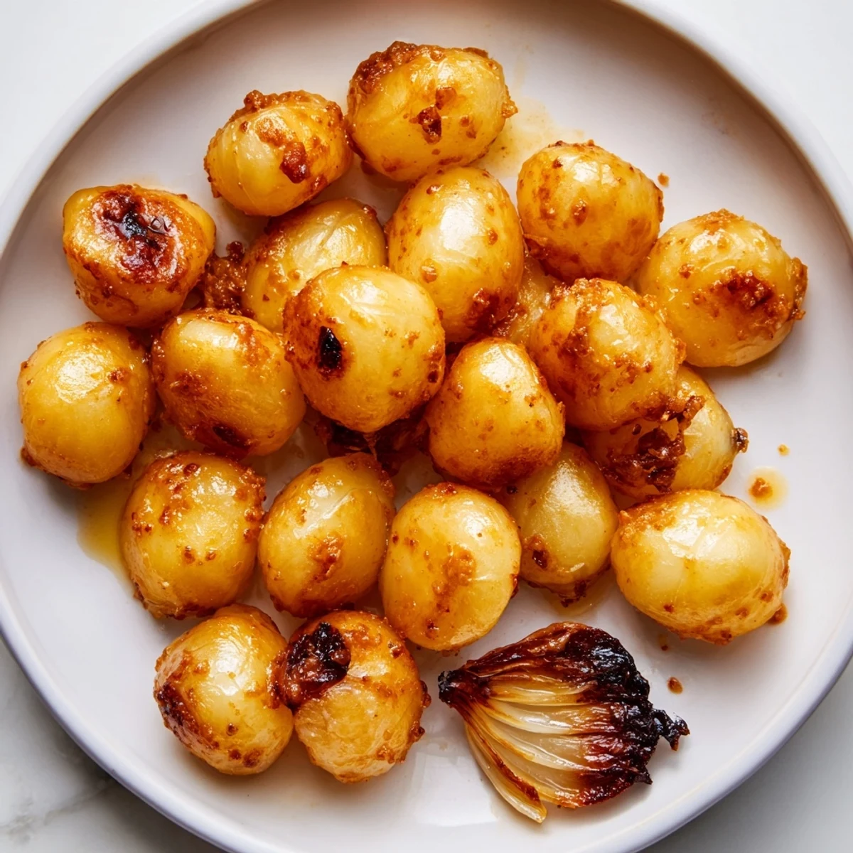Tender caramelized air fried pearl onions piled in a dish ready for dipping