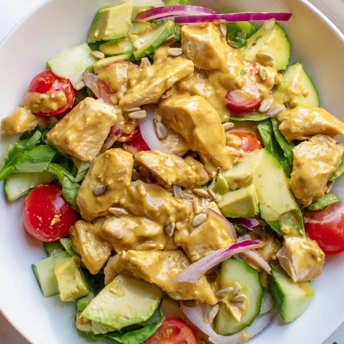 Creamy honey mustard chicken salad with sliced avocado and cherry tomatoes on crisp greens