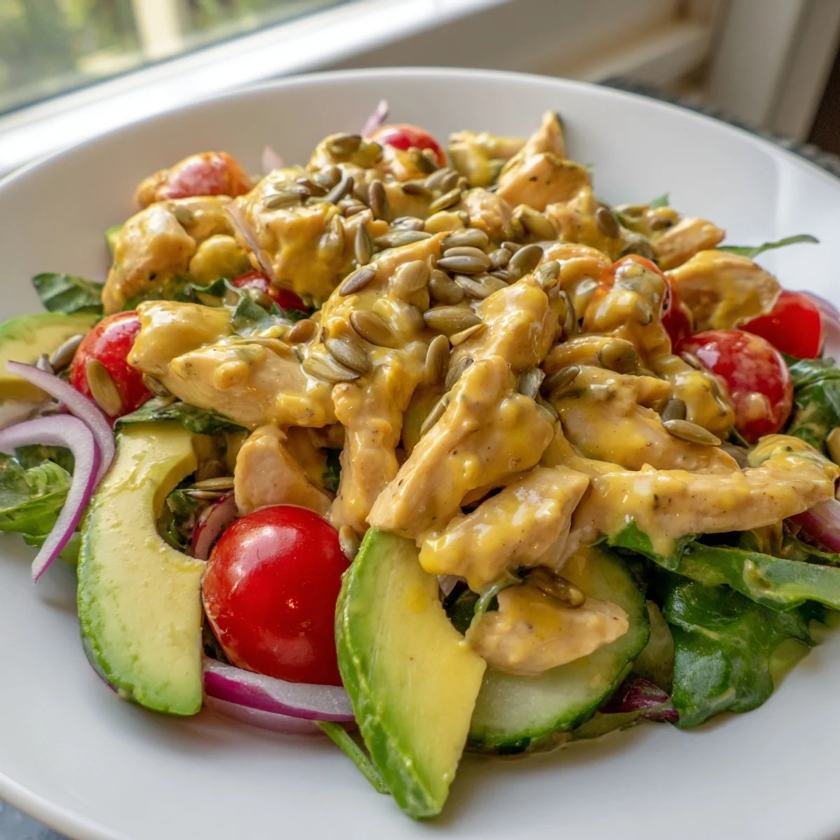 Creamy honey mustard chicken salad topped with diced avocado, sunflower seeds, and vibrant mixed greens