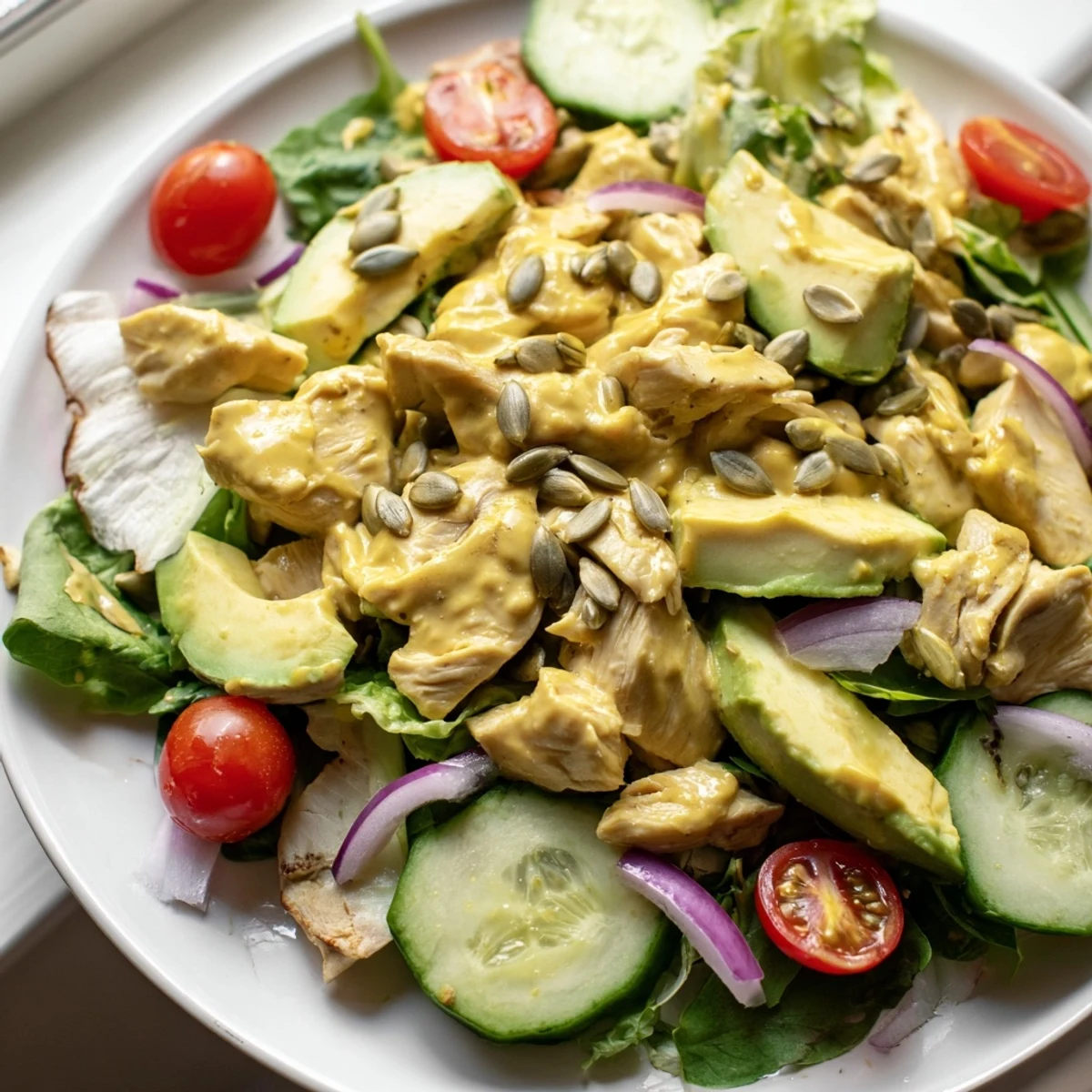 Tender grilled chicken draped in golden creamy honey mustard dressing over a fresh garden salad