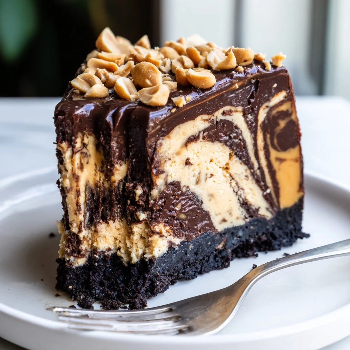 Creamy chocolate peanut butter cheesecake sliced to reveal a marbled swirl filling