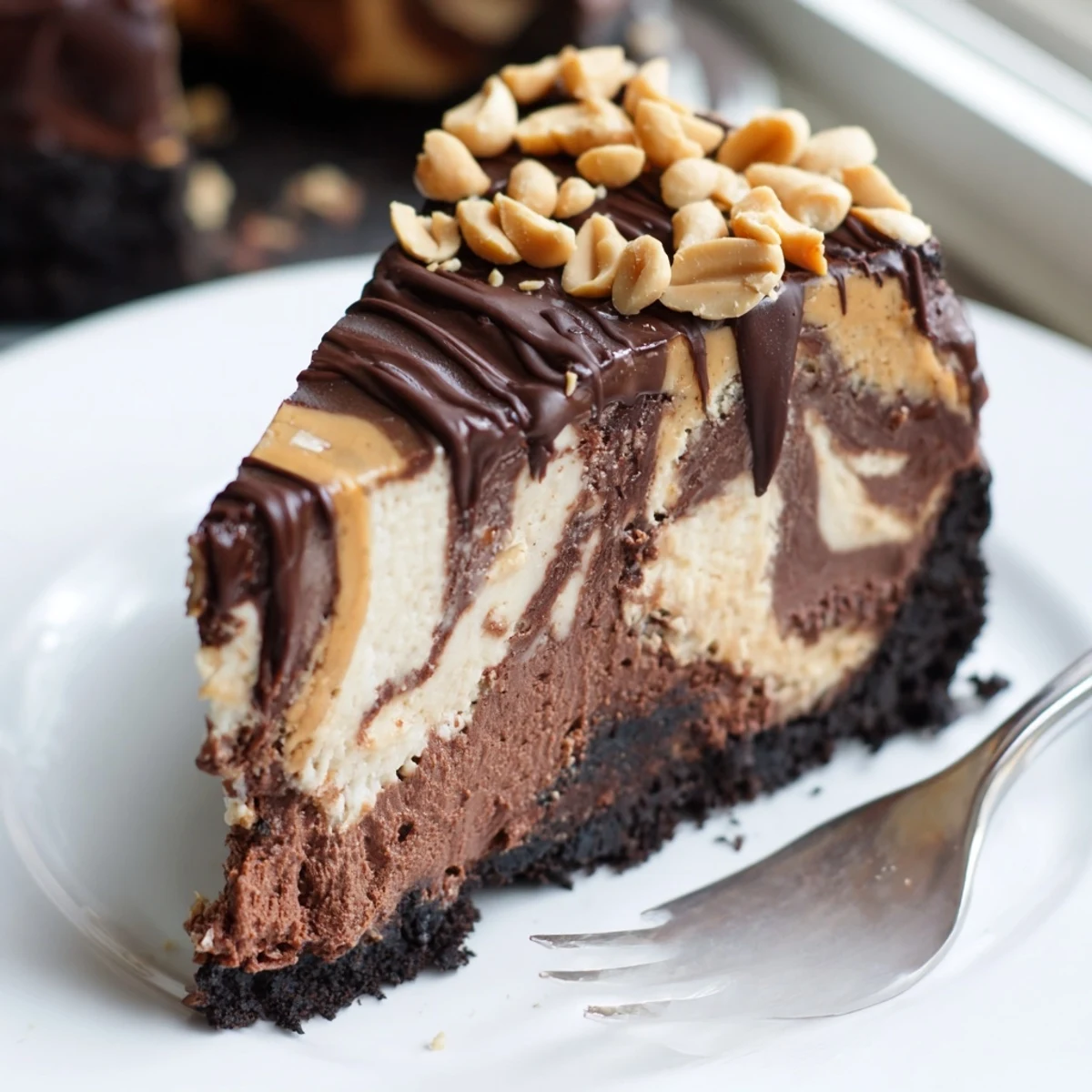 Rich chocolate peanut butter cheesecake topped with glossy ganache and chopped peanuts