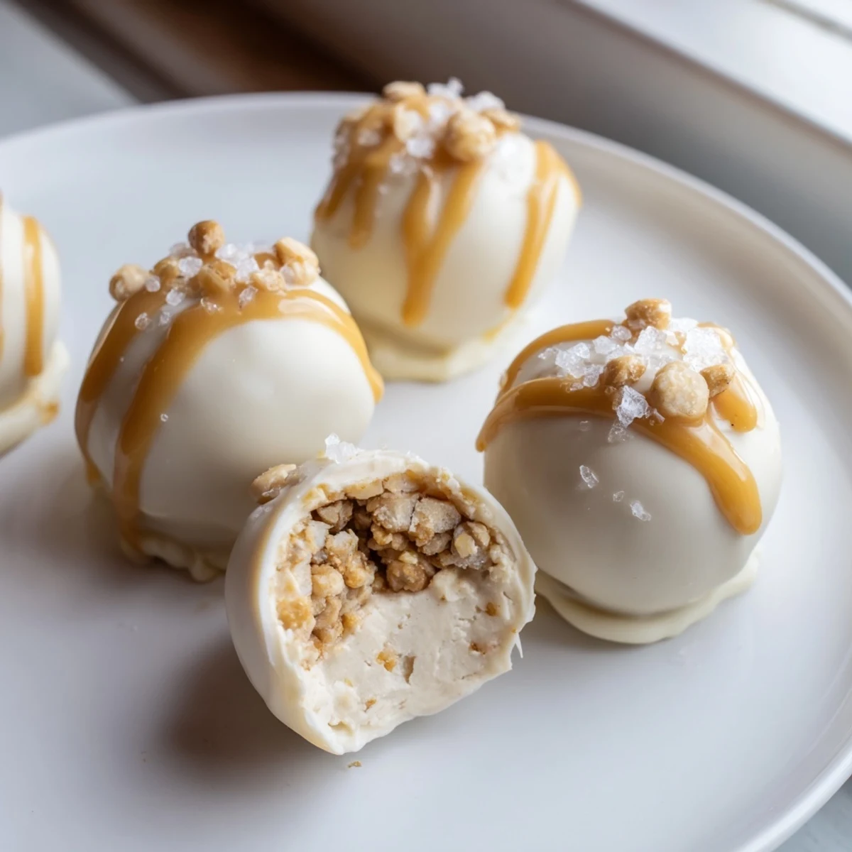 Creamy salted caramel pretzel cheesecake balls drizzled with golden caramel on a rustic tray