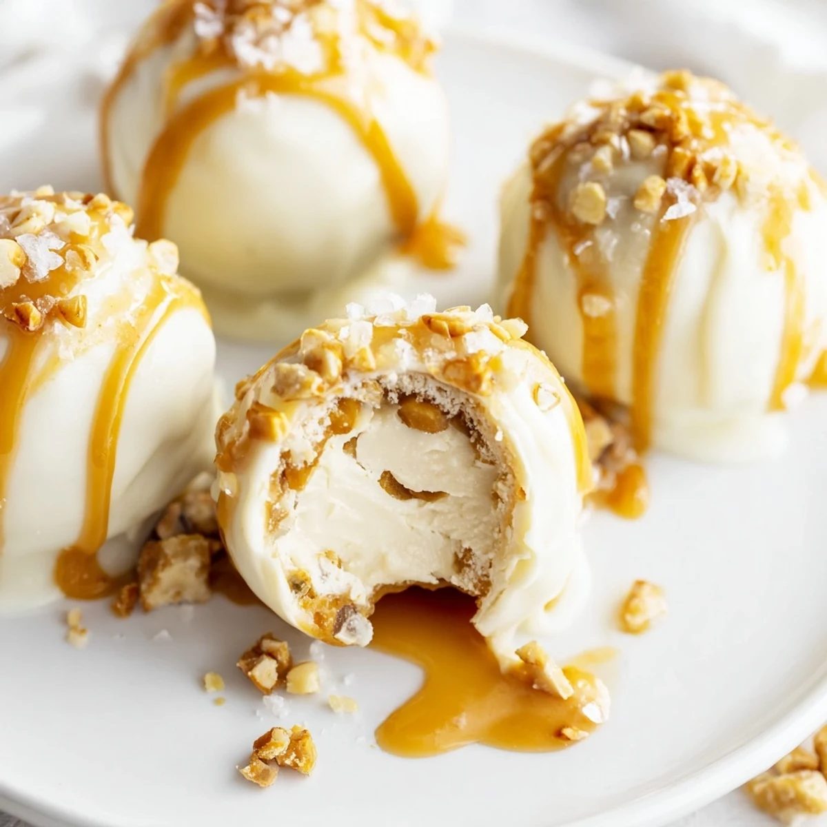 White chocolate coated salted caramel pretzel cheesecake balls garnished with a gooey caramel drizzle