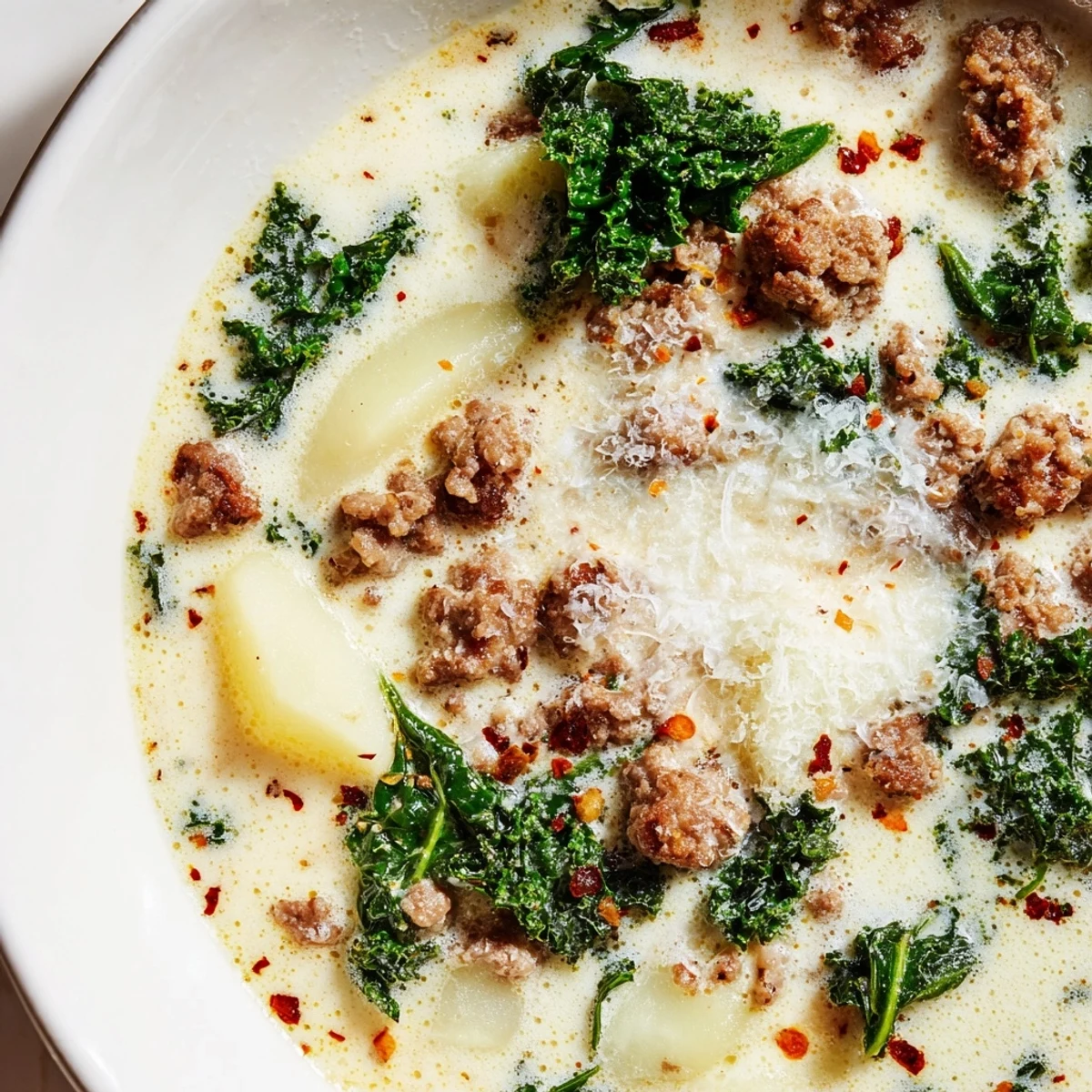 Creamy Zuppa Toscana soup with crumbled sausage, tender potatoes, and fresh kale
