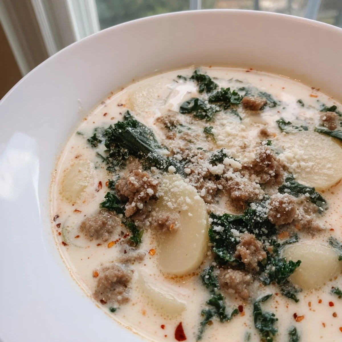 Steaming bowl of Zuppa Toscana soup topped with grated Parmesan cheese