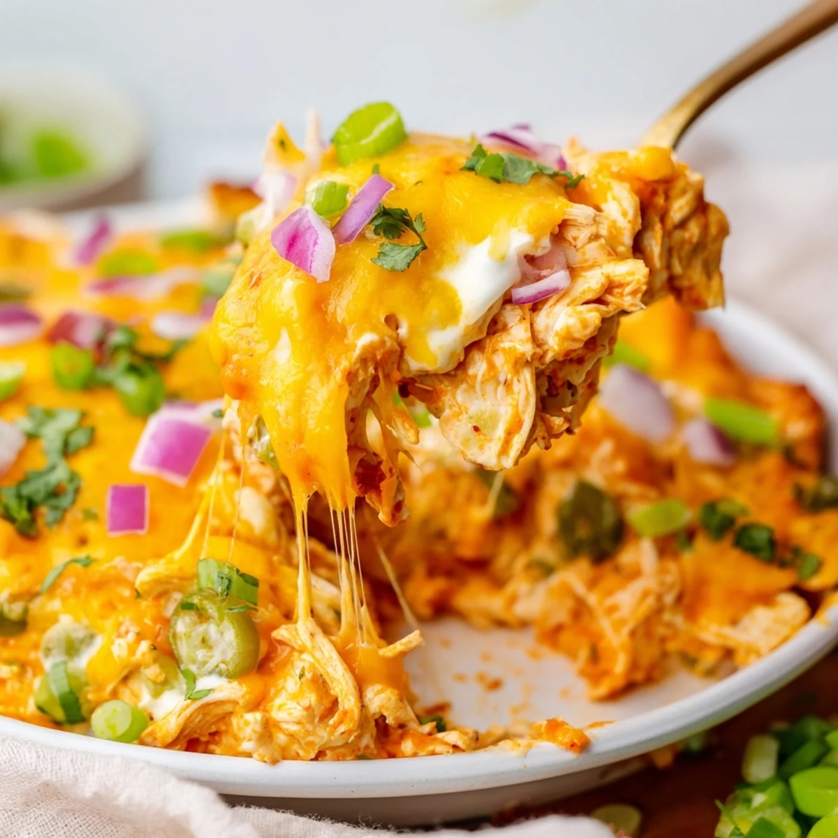 Creamy jalapeno buffalo chicken casserole topped with gooey melted cheese and fresh cilantro