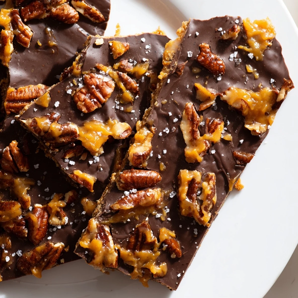 Golden pecan pie bark with gooey caramel and melted chocolate on graham crackers