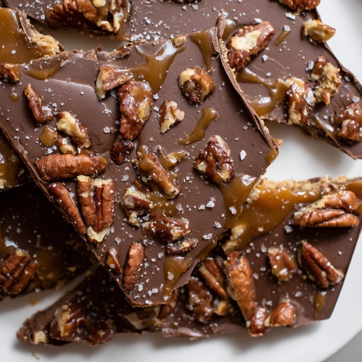 Crunchy roasted pecans blanket this rich pecan pie bark draped in chocolate