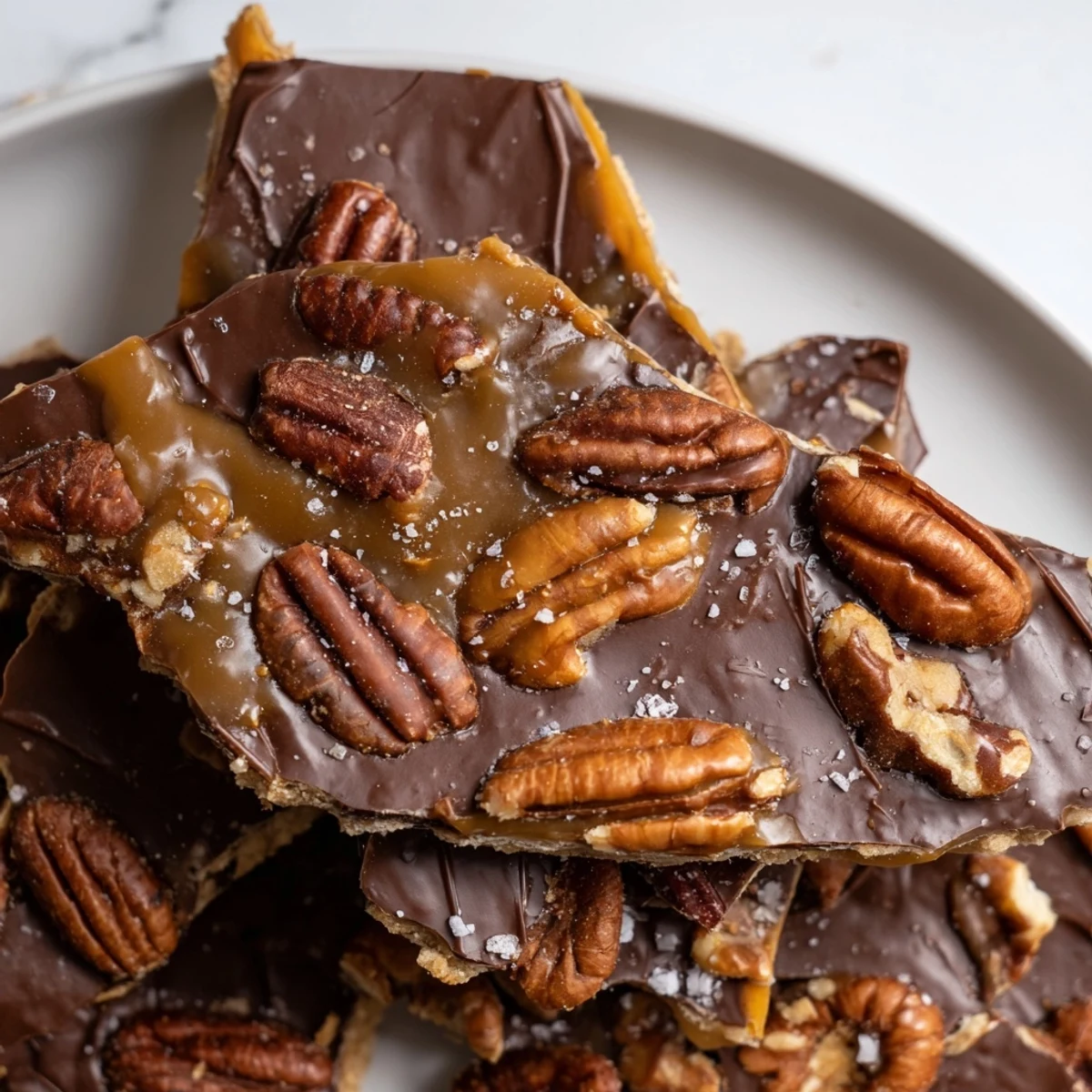 Buttery caramel and toasted pecans top glossy chocolate dipped pecan pie bark