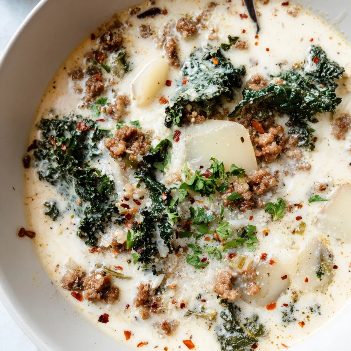 Creamy Zuppa Toscana soup loaded with sausage, potatoes, and wilted kale