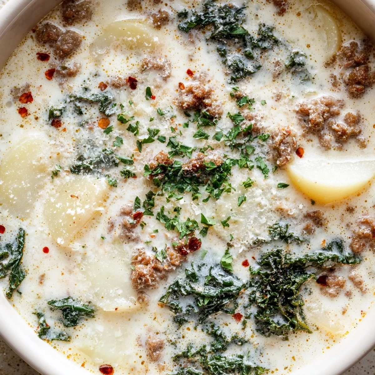 Steaming bowl of Zuppa Toscana soup topped with grated Parmesan and parsley