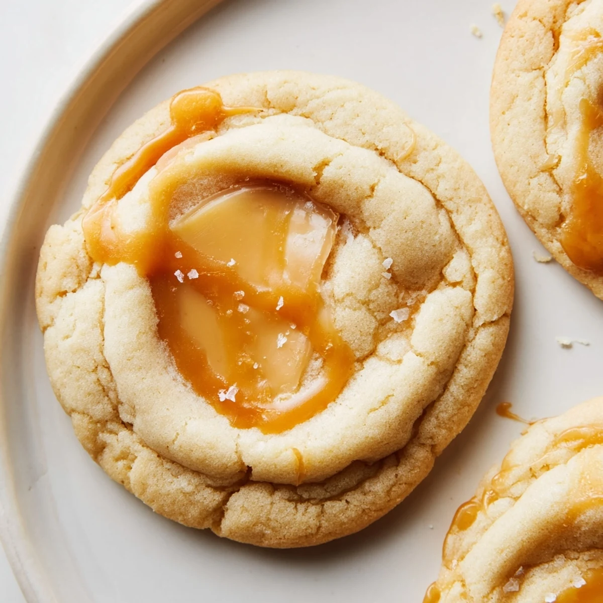 Soft caramel cheesecake cookies with golden edges and creamy caramel swirls on parchment paper