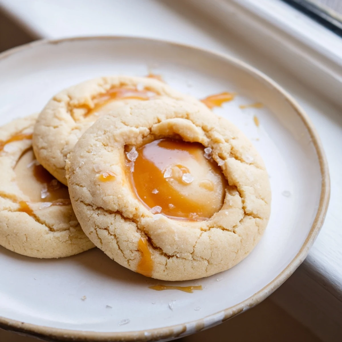 Warm caramel cheesecake cookies drizzled with gooey caramel, cooling on a rustic wire rack