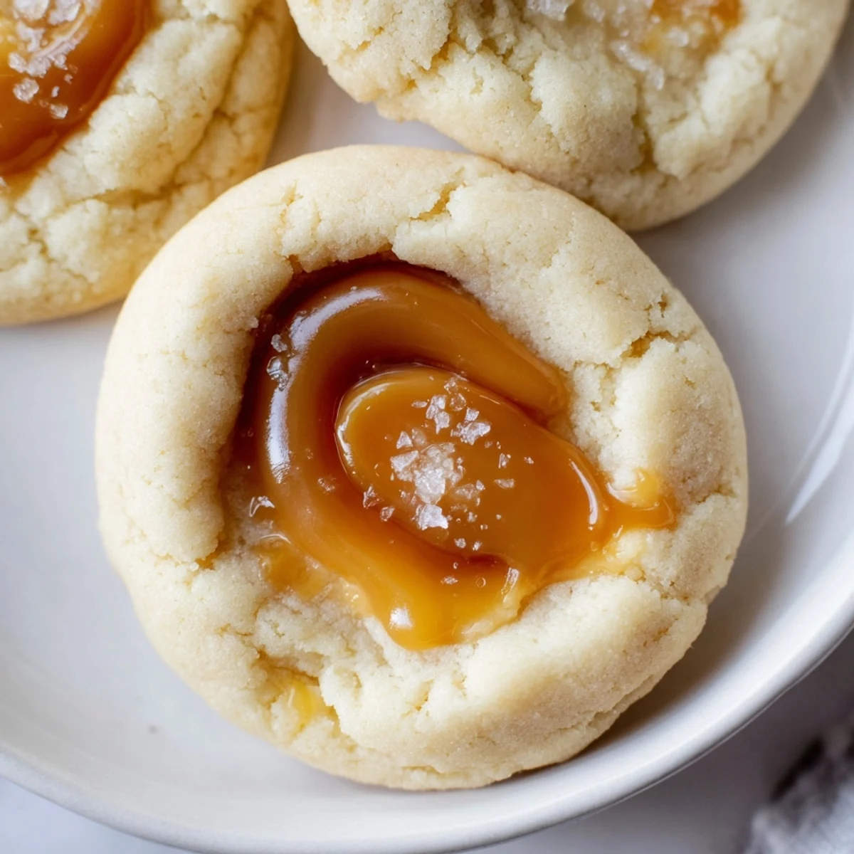 Chewy caramel cheesecake cookies arranged on a white platter for an elegant dessert presentation