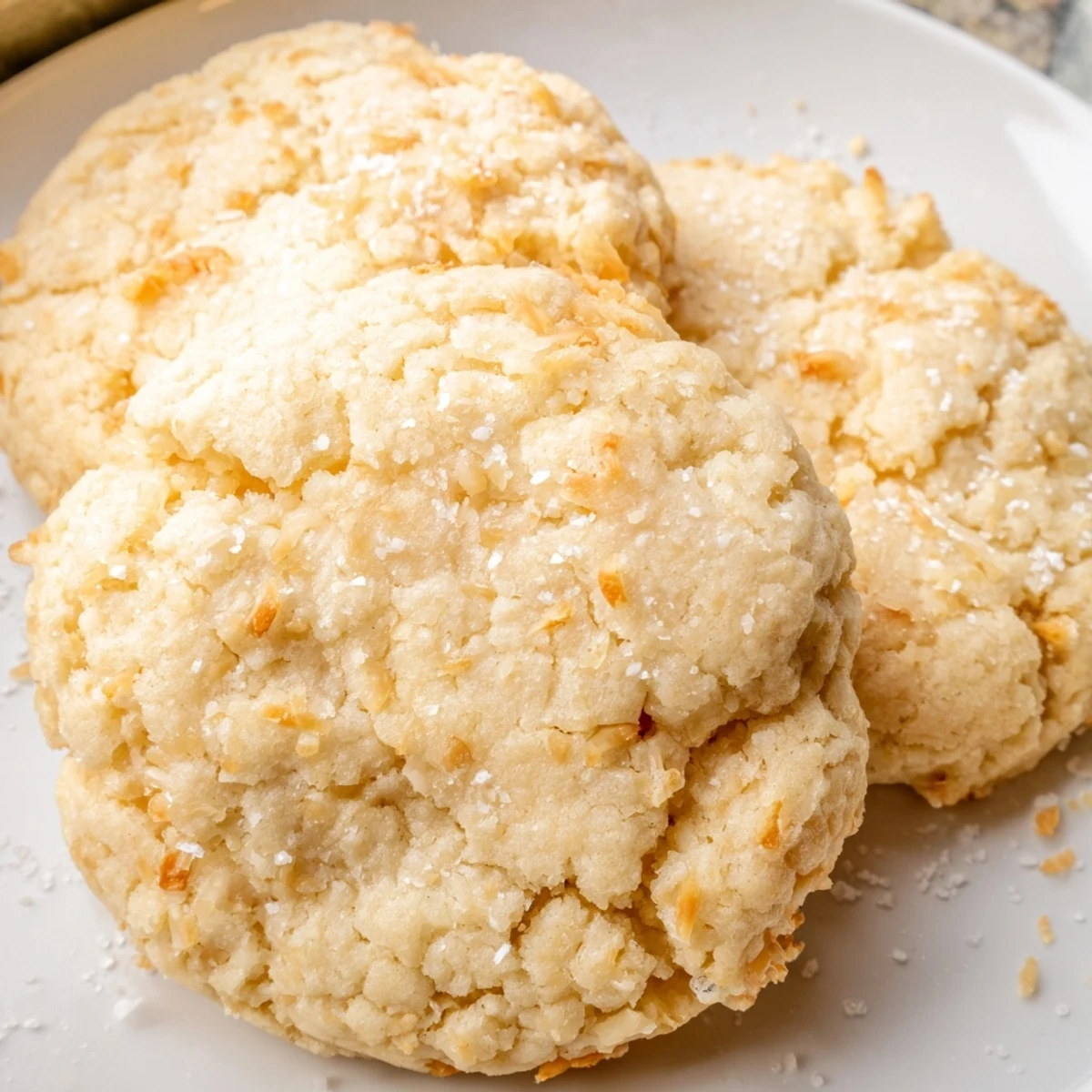Golden coconut cookies with crisp edges and chewy centers on a cooling rack.