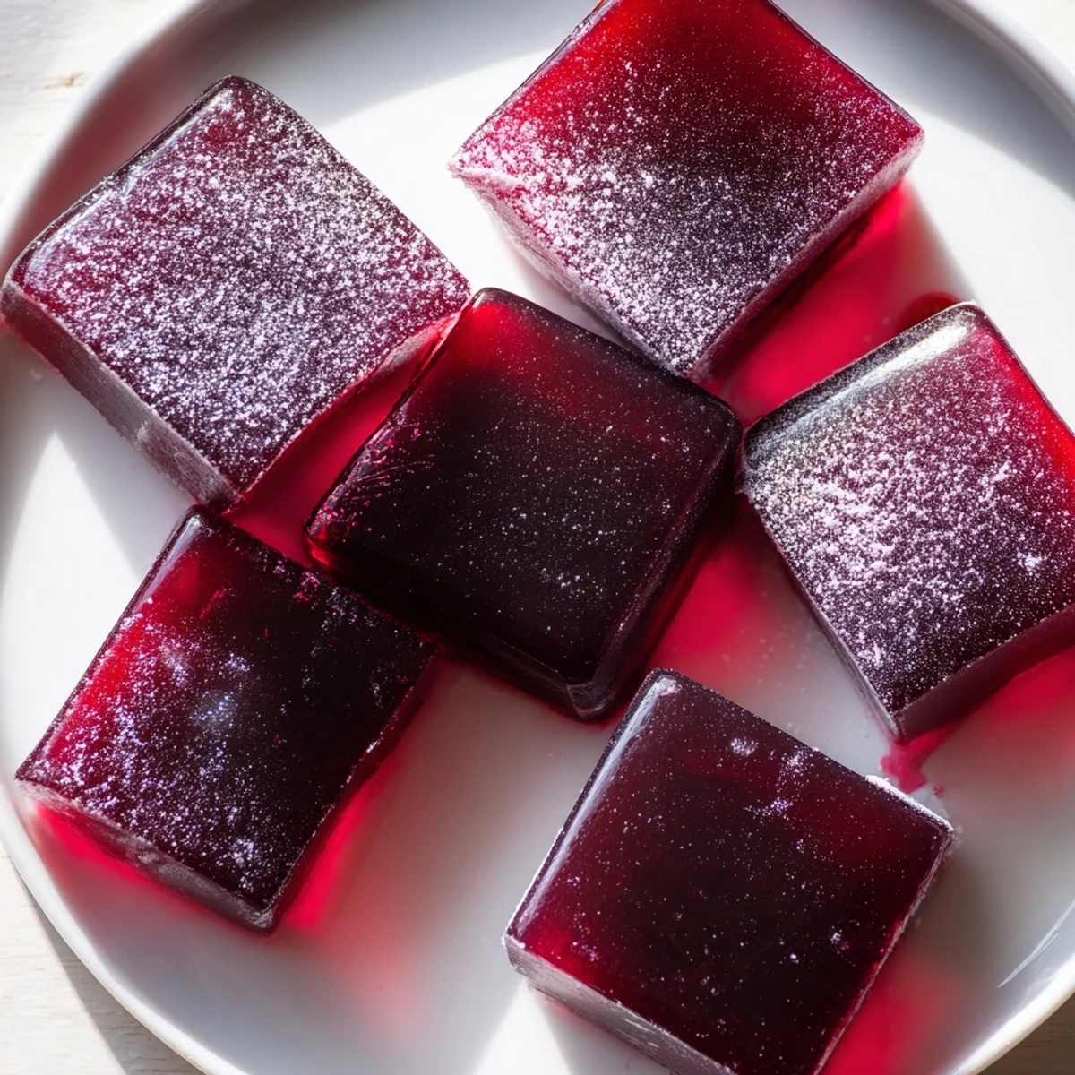 Bite-sized collagen fruit jellies sitting on parchment, glowing in berry hues