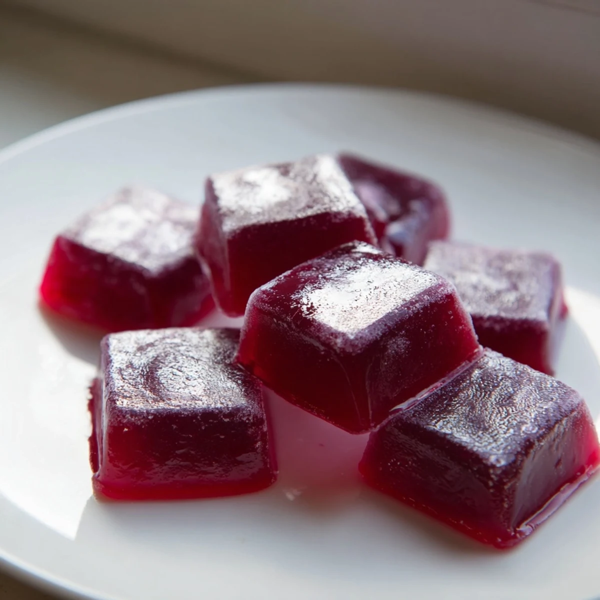 Glossy collagen fruit jellies in vibrant jewel-toned squares dusted with cornstarch