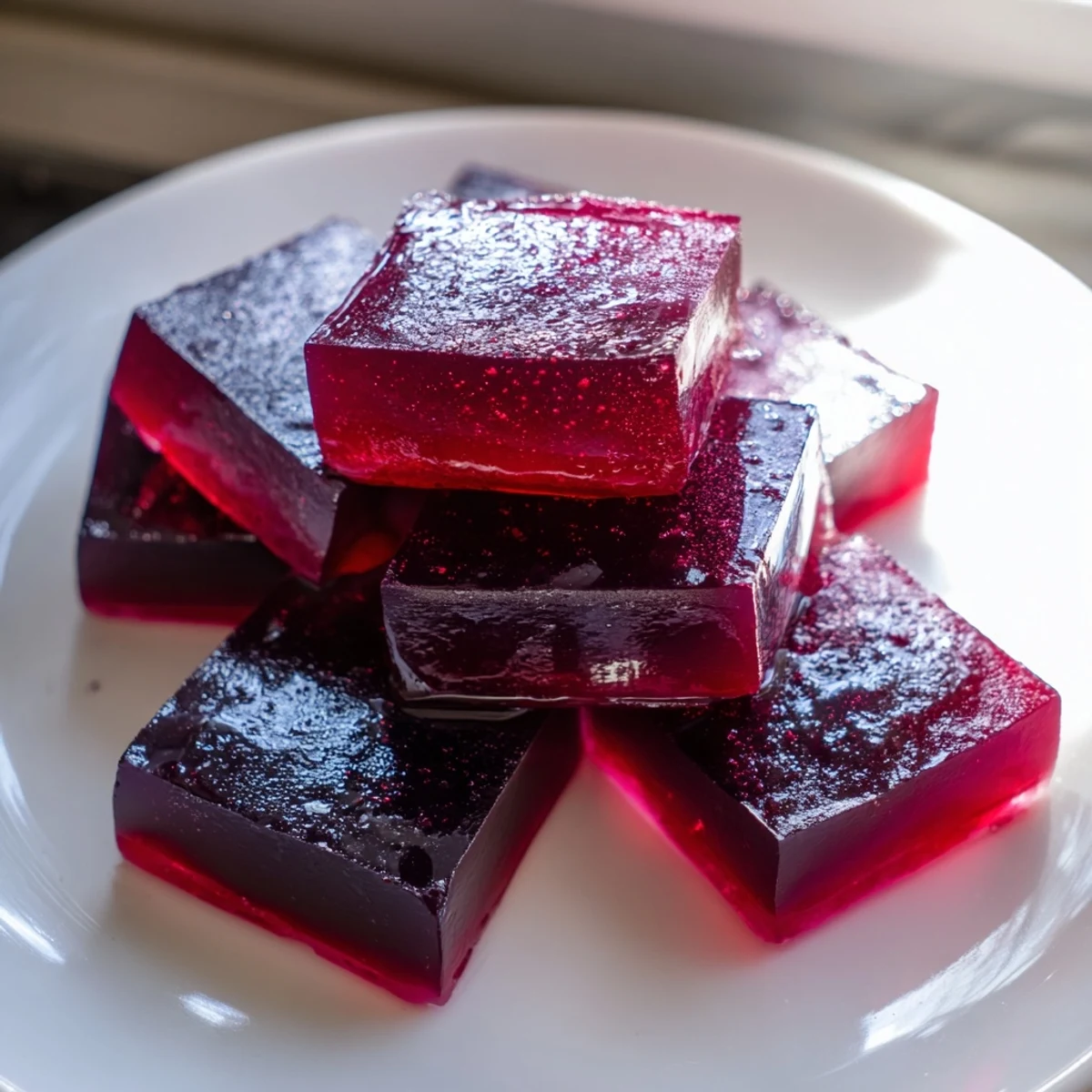 Translucent collagen fruit jellies arranged on a white plate for healthy snacking