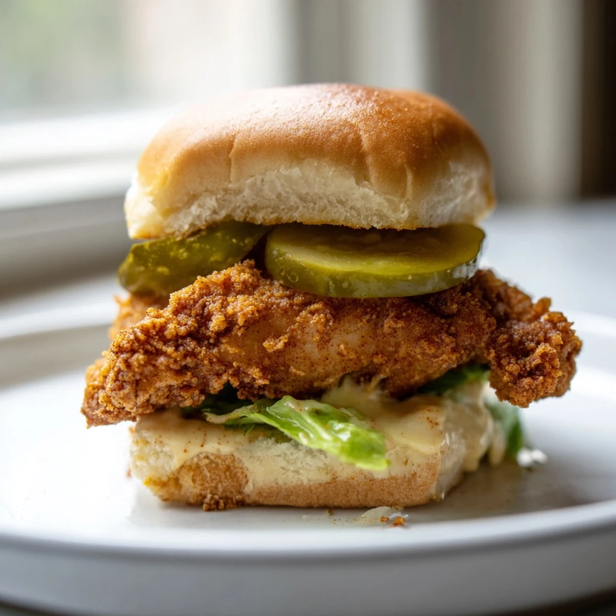 Crispy golden pickle brined fried chicken sliders stacked on soft buns with fresh lettuce and pickles