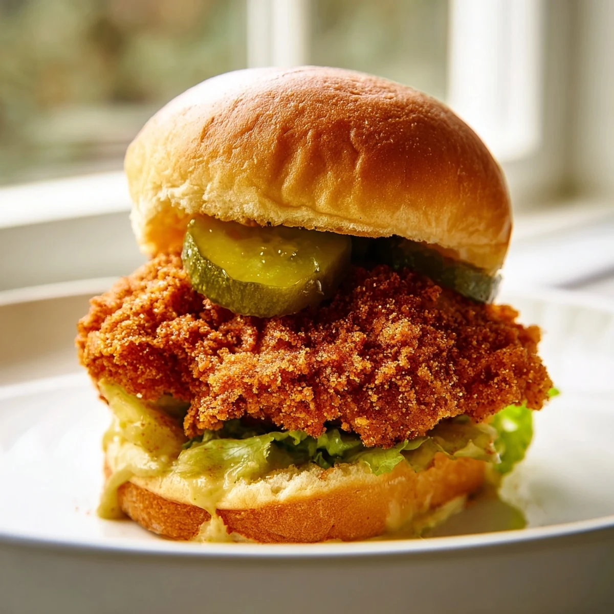 Tangy pickle brined fried chicken sliders served on toasted buns with creamy mustard sauce and pickles